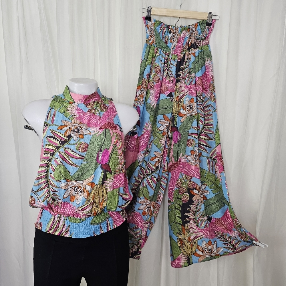 Rachel Roy Tropical Floral Two-Piece Set High Neck Top Wide Leg Bottom Size S/M